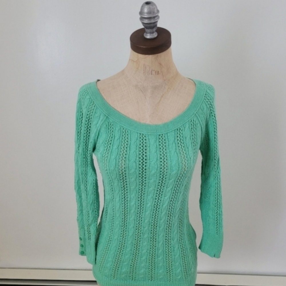 American Eagle Mint Green Open Knit Cable Sweater 3/4 Sleeve S Y2K